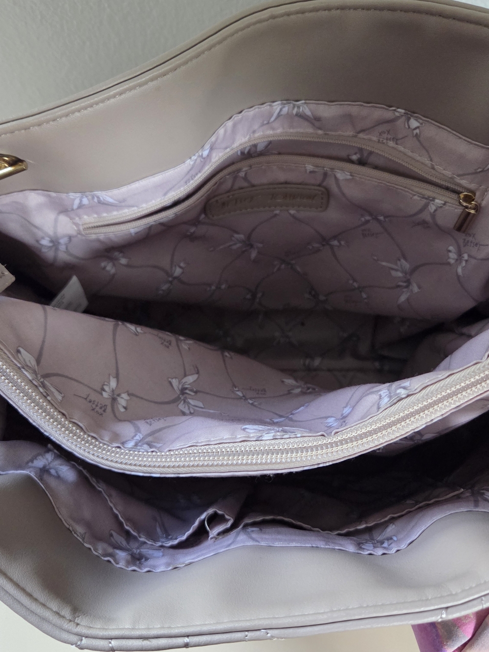 Betsey Johnson Women's Quilted Tote Bag in Light Taupe with Pink Scarf - Picture 8 of 12